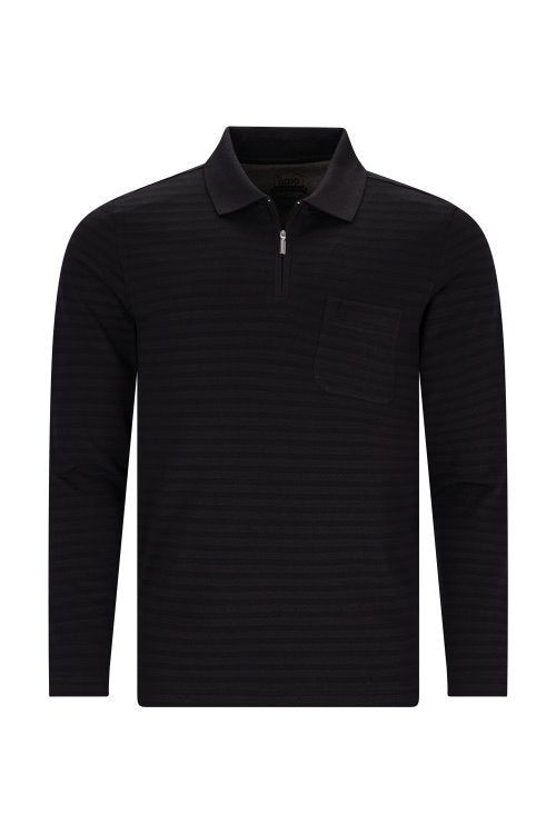 20106 HAJO - Poloshirt Zip Softknitgestreift 100 schwarz
