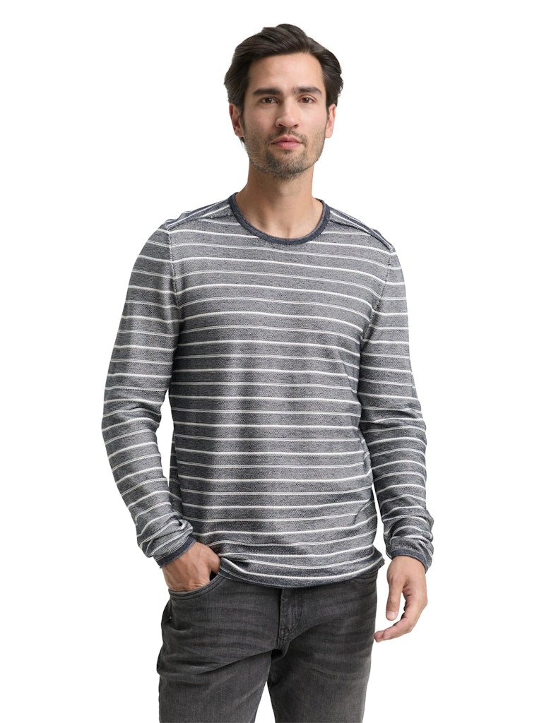 1048709 TOM TAILOR men - Strickpullover mit Rundhalsausschnitt 39199 offwhite navy stripe