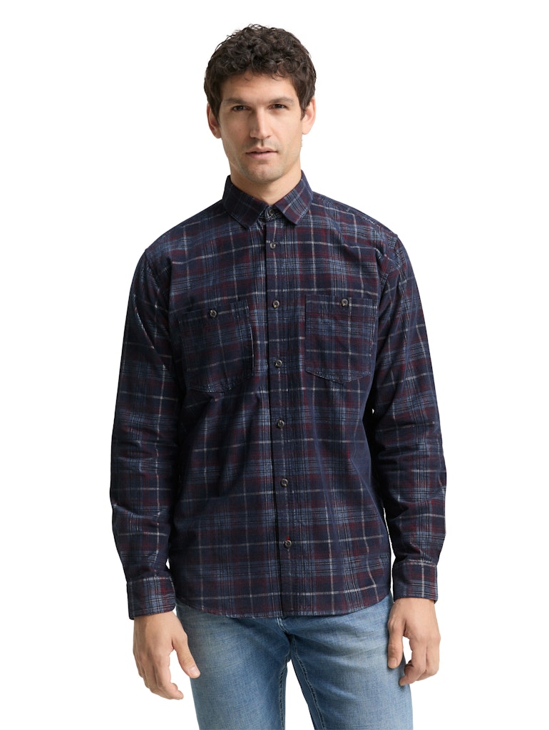 1048427 TOM TAILOR men - Regular Fit Cordhemd mit Karomuster 38918 navy red cord check