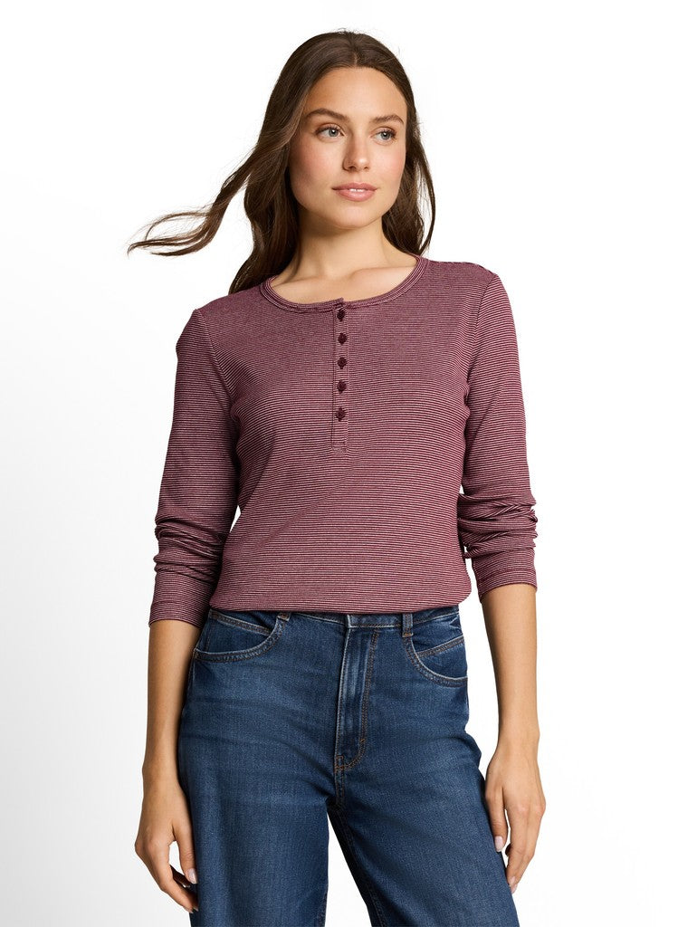 1053459 TOM TAILOR wmn - Henley Langarmshirt mit Rippstruktur 41182 light pink preppy plum stripe