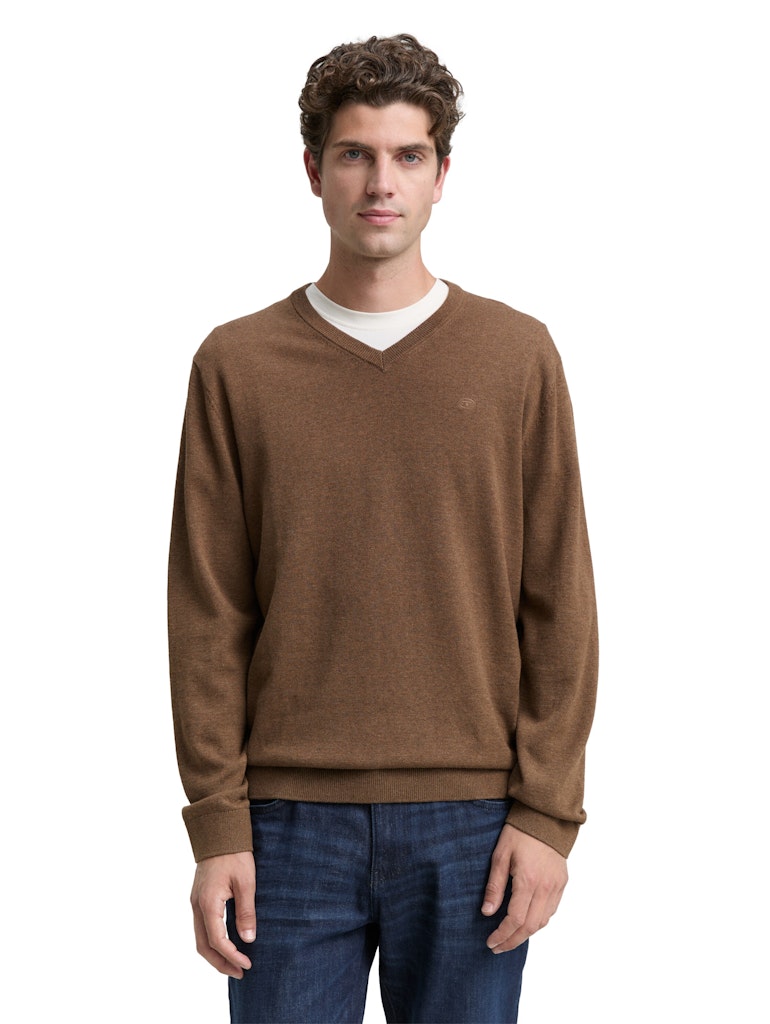 1039811 TOM TAILOR men - Pullover mit V-Ausschnitt 38678 dark taupe melange