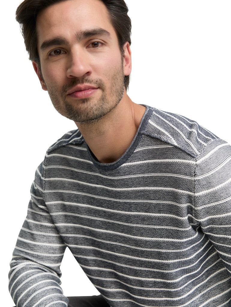 1048709 TOM TAILOR men - Strickpullover mit Rundhalsausschnitt 39199 offwhite navy stripe
