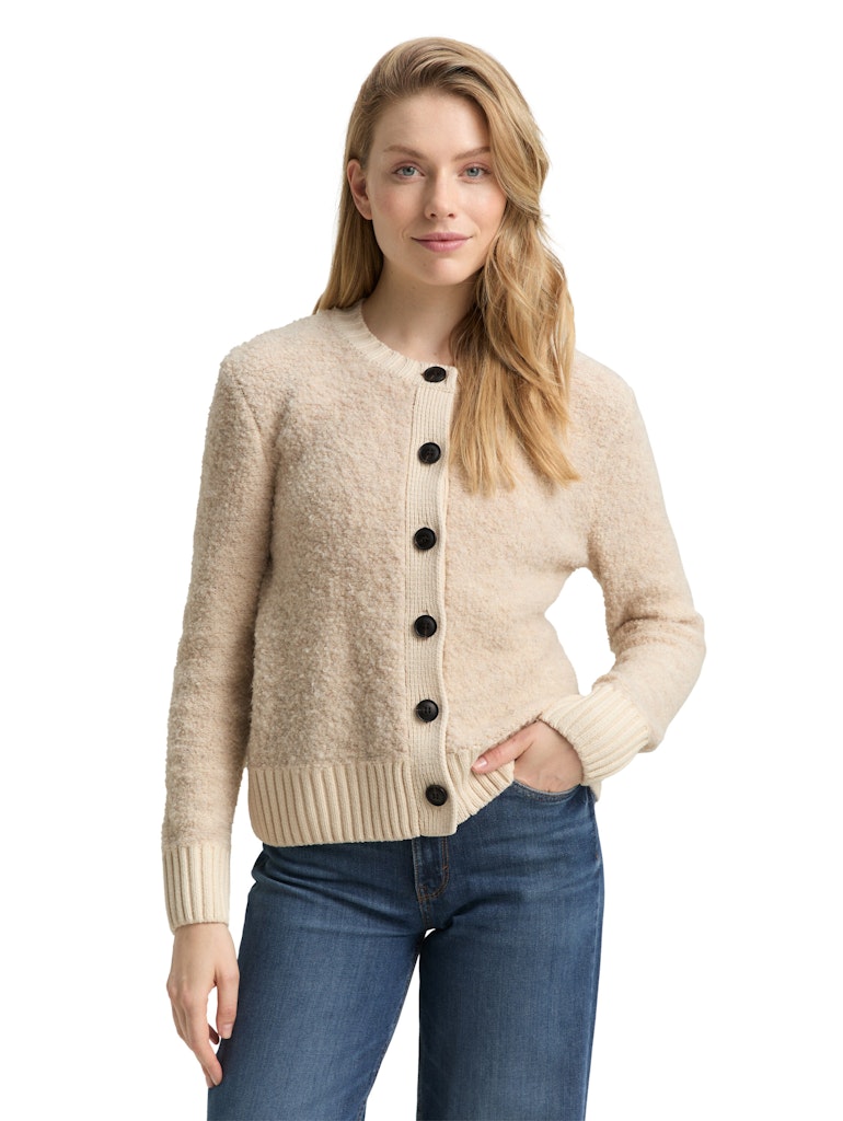 1049149 TOM TAILOR wmn - Bouclé Strickjacke 36844 sand stone beige melange