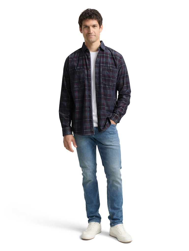 1048427 TOM TAILOR men - Regular Fit Cordhemd mit Karomuster 38918 navy red cord check