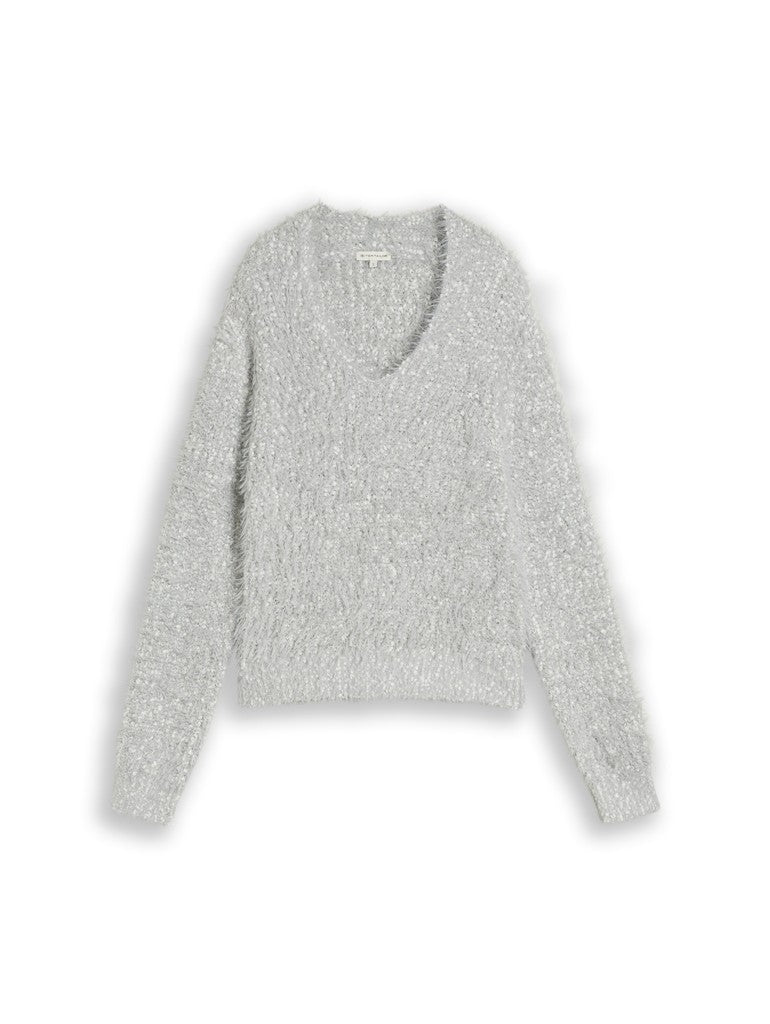 1053399 TOM TAILOR wmn - Loose Fit Strickpullover mit V-Neck 41113 light grey knit structure