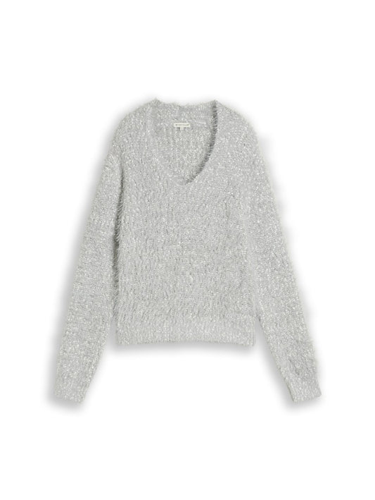 1053399 TOM TAILOR wmn - Loose Fit Strickpullover mit V-Neck 41113 light grey knit structure