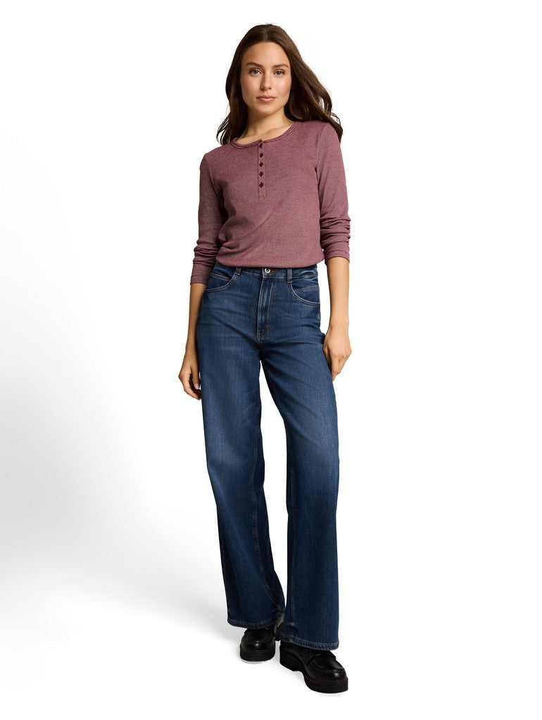 1053459 TOM TAILOR wmn - Henley Langarmshirt mit Rippstruktur 41182 light pink preppy plum stripe