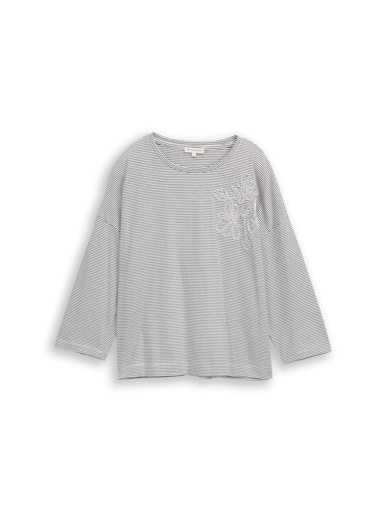 1052884 TOM TAILOR wmn -  Loose Fit T-Shirt mit Blumen-Applikation 40889 small white navy stripe